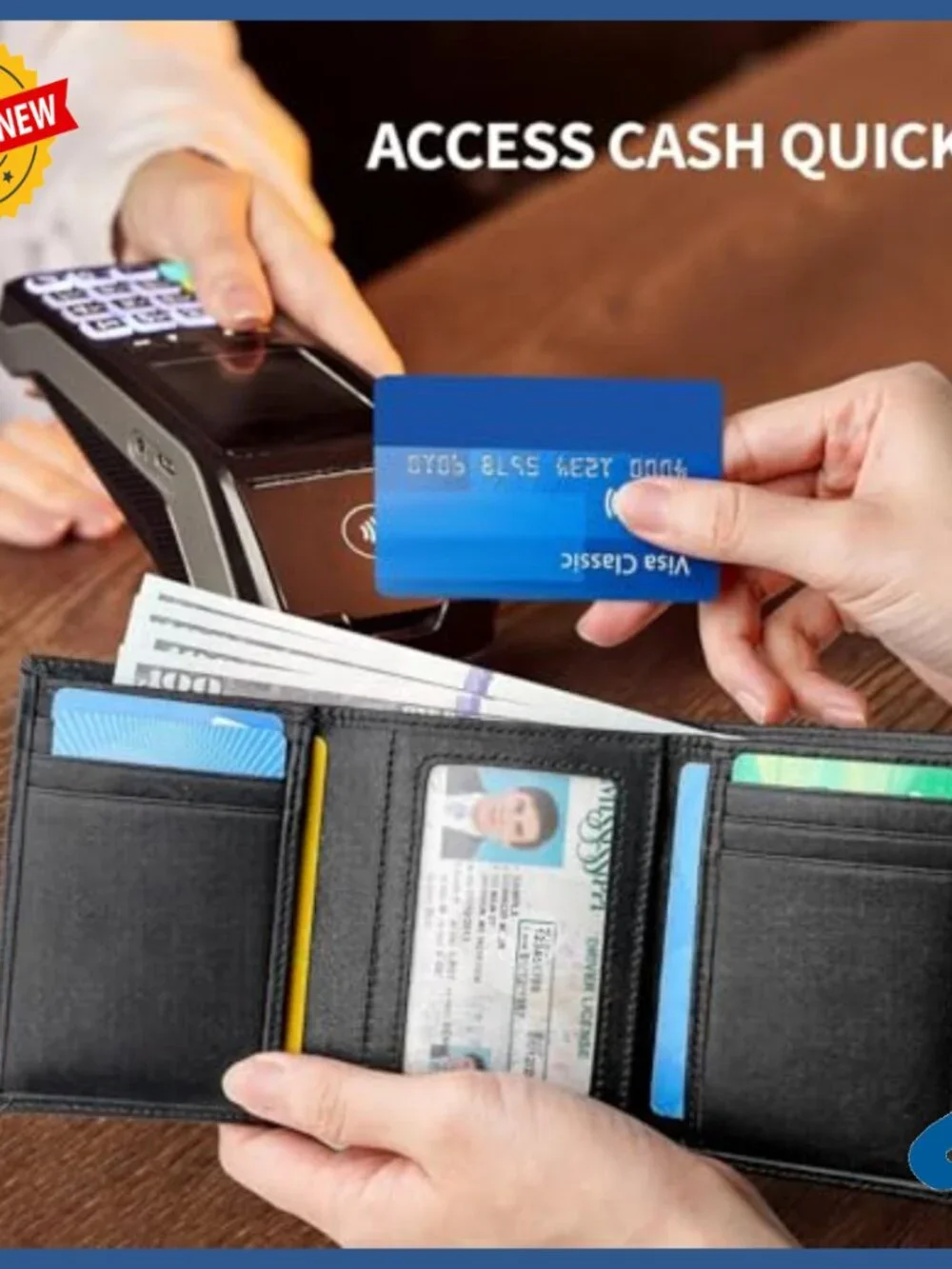 Slim Genuine Leather Trifold Wallet RFID Blocking 8 Card Slots ID Window